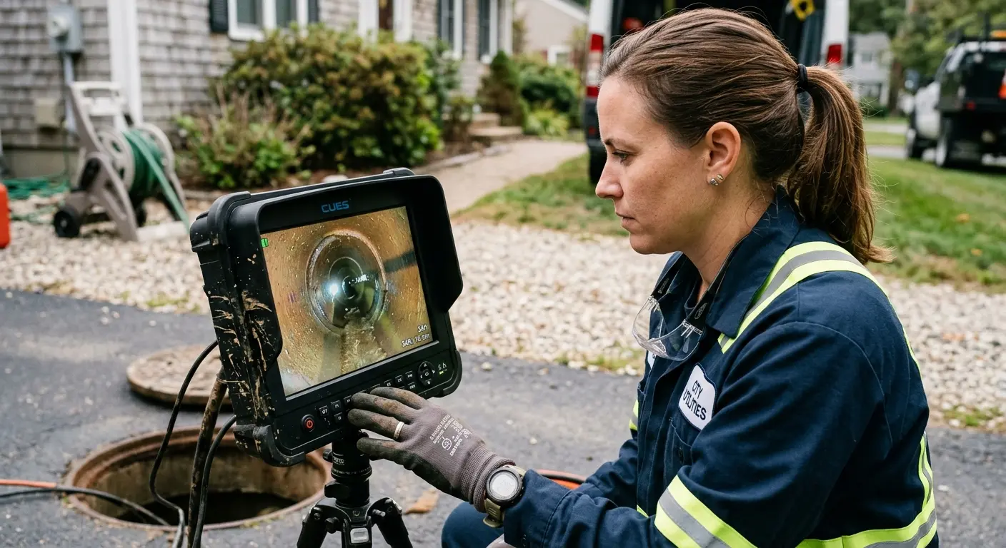 Technician reviewing sewer camera inspection footage in Inverness Highlands South