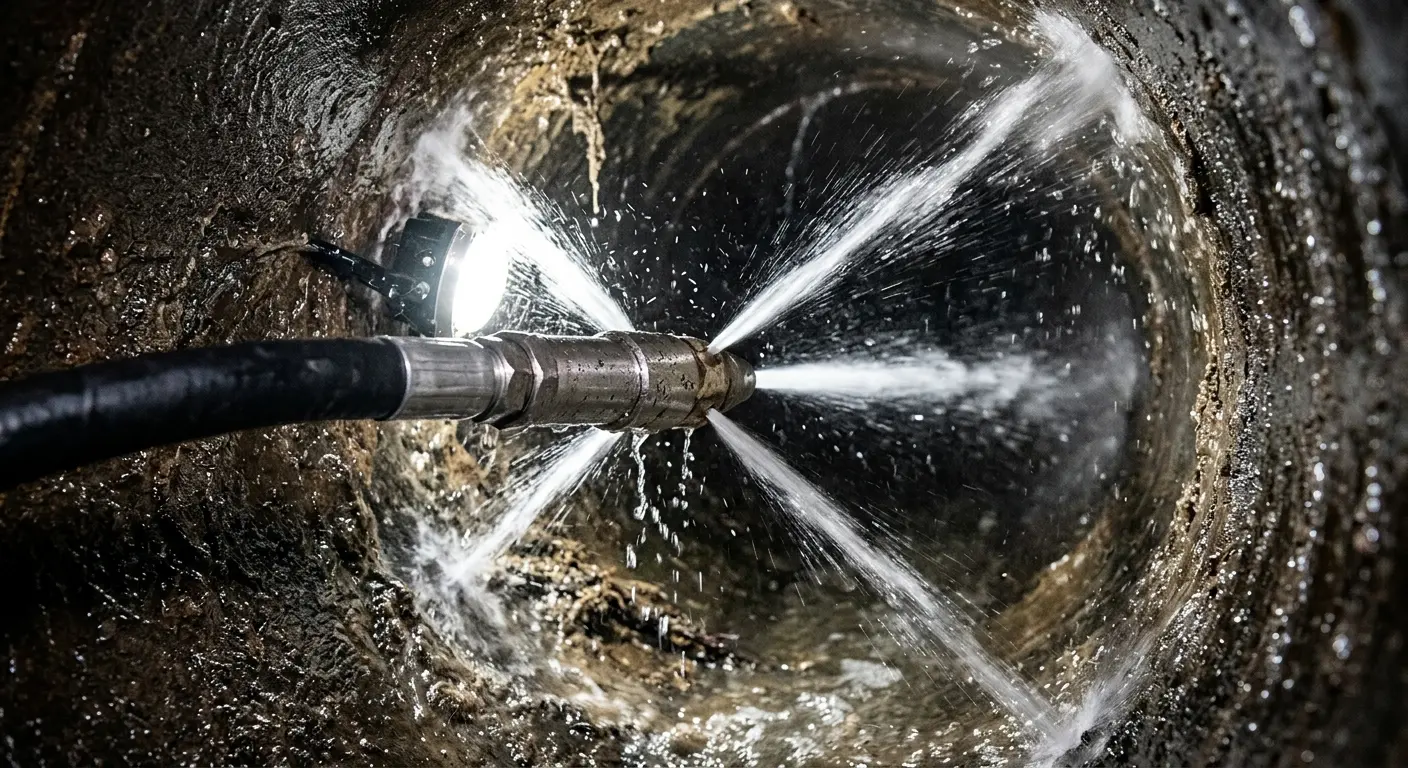 High-pressure hydro jetting nozzle cleaning sewer pipe for Emergency Drain Service in Inverness Highlands South