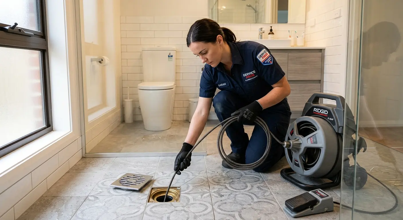 Technician clearing a bathroom floor drain for Drain Repair in Inverness Highlands South